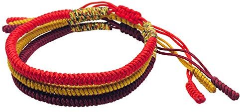 Bracciale Buddista Tibetano Con Nodo Della Fortunato Fatto a Mano (Set di 3 Pezzi - Rosso, Rosso Profondo, Oro)