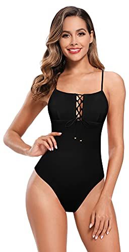 Donna Bikini Bustier Un Pezzo Costume da Bagno Leopardato Cinghie Incrociate Anteriori Monokini Senza Schienale Imbottito (Nero, L)