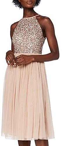 Maya DeluxeTaupe Embellished Halter Neck Midi Dress Vestito per Damigella donore, Tortora Blush, 48 Donna