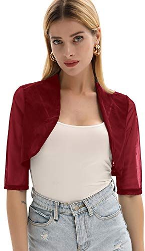 Donna Bolero Elegante Aperto Davanti Coprispalle Cardigan Chiffon per Cerimonia XL Vino Rosso