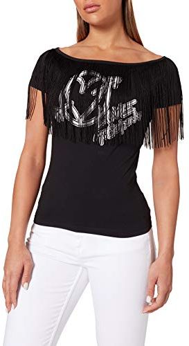 Tight Fitting T-Shirt Short Sleeves And Bardot Neckline with Fringes, Black, 48 Donna