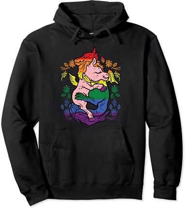 Dragon Hugs Unicorn Cute LGBTQ Rainbow Flag Gay Pride Ally Felpa con Cappuccio