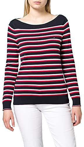 Boat Neck Sweater Pullover, Desert Sky/Bianco/Rosso primario, M Donna