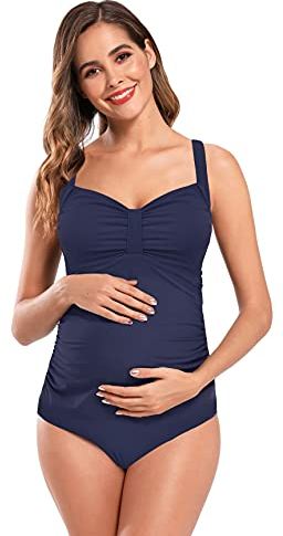 Costumi Interi Premaman Bikini da Bagno maternità Beachwear Plissettato con Scollo a V. Monokini Imbottite da Donna Gravidanza Taglie Forti 3XL (Blu Scuro, M)