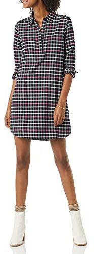 Brushed Flannel Popover Dress Vestito, Nero/Rosa, Motivo Scozzese, S