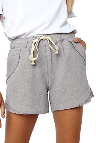 Pantaloncini da donna in cotone e lino, con elastico, D-grigio, S