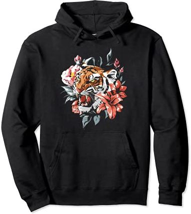 T-shirt floreale tigre selvaggia, disegno grafico della tigre senza paura Felpa con Cappuccio