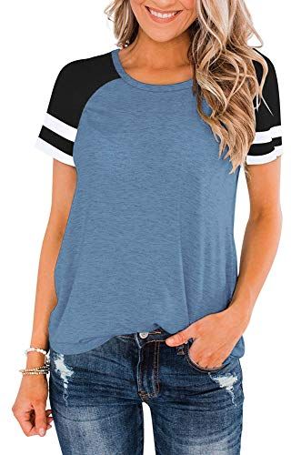 Patchwork Tee Shirt Ladies Short Sleeves Round Scoop Neckline Tunic T-Shirt Top Plus Size-Azzurro-X-Large