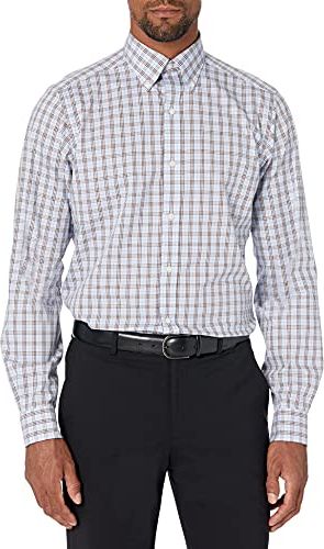 Tailored Fit Button-Collar Pattern Non-Iron Dress Shirt Camicia, Blu (Blue/Brown Plaid), 15.5" Neck 34" Sleeve