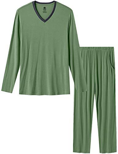 Pigiami Due Pezzi Uomo Morbido Pigiama Set da Casa Lungo Pantaloni e Maglia Manica Lunga Scollo V Verde Pallido L