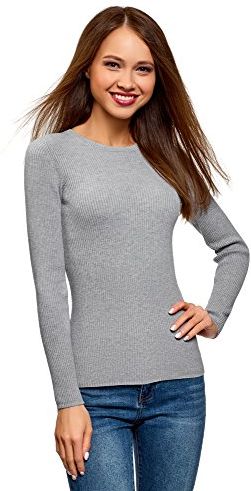 Donna Maglione a Coste con Scollo Rotondo, Grigio, IT 48 / EU 44 / XL