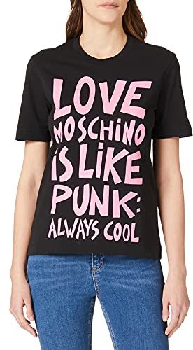 Regular Fit T-Shirt Short-Sleeves, Personalised with The Seasonal Slogan Thick Rubber Print, Black, 44 Donna