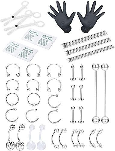 51 Pz Professionale Kit Piercing Acciaio Inossidabile Anelli Ombelico Kit Piercing Helix Cartilagine Setto Lingua Tongue Tragus Capezzolo Piercing Labbra Gioielli per Corpo 14G 16G 18G