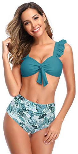 Costume da Bagno Donna Halter Top Adorabile A Balze Tracolla Bikini Imbottito Costumi Donna Mare Due Pezzi Elegante A Vita Alta Stampato Bikini Fondo Beachwear (S, Verde Scuro)