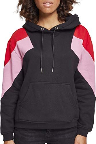 Ladies Oversize 3-Tone Block Hoody Cappuccio, Multicolore (Blk/Firered/Cool Pink 01470), Small Donna