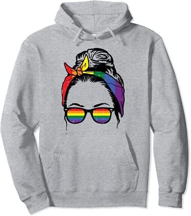 Gay Mom Messy Hair Bun LGBTQ Rainbow Pride Women Lesbian Felpa con Cappuccio