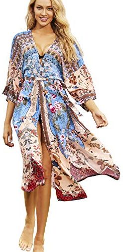 Cardigan in Cotone da Donna Kimono Lungo Boemo Costume da Bagno da Spiaggia Coprire Il Vestito Abito Taglie Forti