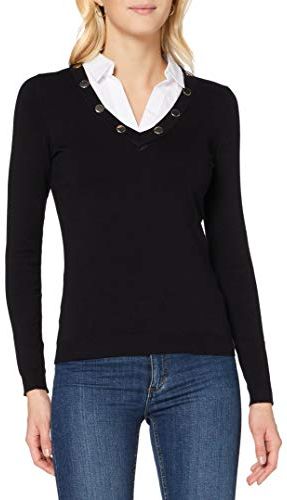 Pull Manches Longues col Chemise Boutons Mjako Maglione, Noir, TS Donna