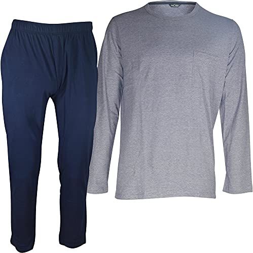 Cotton Comfort Long Sleepwear Set di Pigiama, Haut: Marine Chiné, Bas: Marine Uni, L Uomo