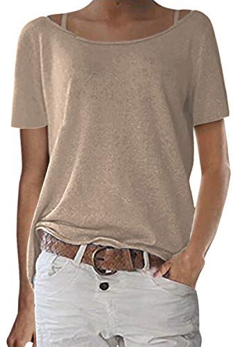 Maglietta Donna Estate Taglie Forti T Shirt Manica Corta Camicetta Sciolto Tinta Unita X-Beige L