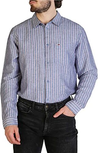 Tommy Jeans Tjm Linen Blend Shirt Camicia, Blu (Twilight Navy/Multi 0a4), Small Uomo