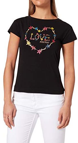 Boxy Fit T-Shirt Short-Sleeves Personalised with a Multicolor Starfish Heart And Logo Transfer Print, Black, 48 Donna