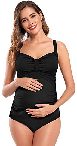 Costumi Interi Premaman Bikini da Bagno maternità Beachwear Plissettato con Scollo a V. Monokini Imbottite da Donna Gravidanza Taglie Forti 3XL (Nero, XXL)