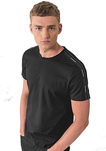 T-Shirt Girocollo con Nastro LOGATO su Manica, Nero, L Uomo