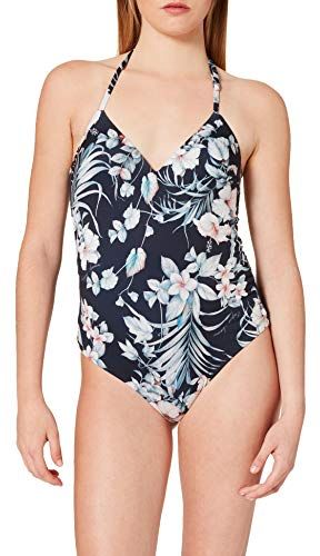 Swimwear Padded Swimsuit Tropical Garden Bikini, Black Print Flowers, L Donna