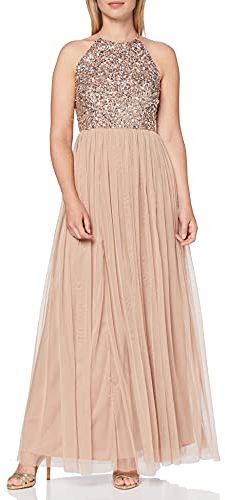 Embellished Halter Neck Pink Maxi Dress Vestito per Damigella donore, Tortora Blush, 42 Donna