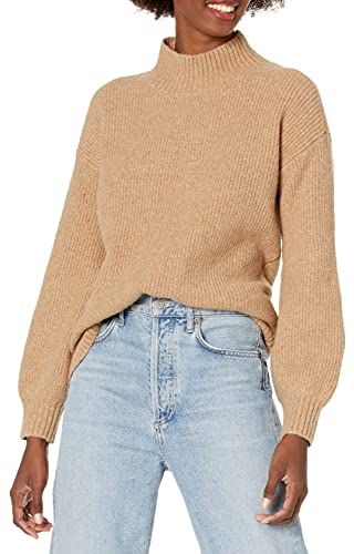 Boucle Half-Cardigan Stitch Balloon-Sleeve Sweater Sweaters, Camel Heather, US L (EU L - XL)