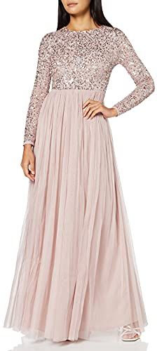 Frosted Pink Embellished Long Sleeve Maxi Dress Vestito per Damigella donore, Rosa Satinato, 44 Donna