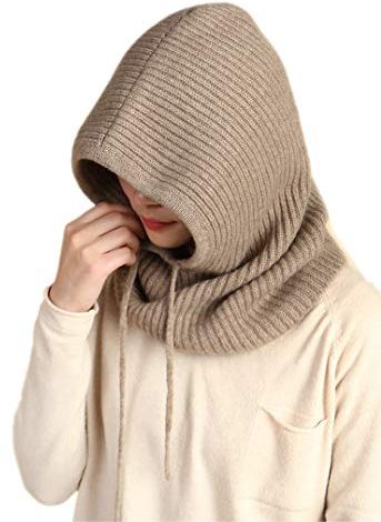 Foulard Sciarpa con cappuccio in 100% Cachemire di unisex Loop Sciarpa-Beanie Tube naturale lana marrone