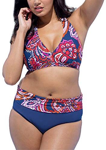 Donna Bikini a Taglie Forti Costume da Bagno Vita Alta Costume da Bagno 2 Pezzi Regolabile Bikini Spiaggia Beachwear