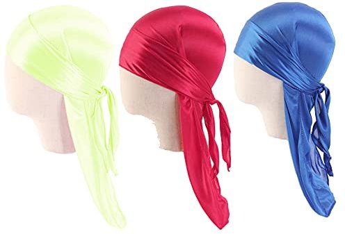 Kid Durag, 3 pezzi setosi Durag, in raso traspirante e setoso, con lunghe cinghie larghe e lunghe, copricapo a coda lunga, turbante a forma di onda Durag, per bambini e bambine (#3)