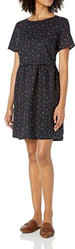 Washed Linen Blend Short-Sleeve Fit-And-Flare Dress Dresses, Navy Mini Floreale, S