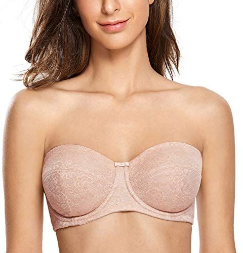 Underwire Unlined Convertible Plus Size Lace Strapless Bra Beige 6F