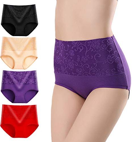 Mutande Cotone Donna - Elasticizzato Grandi Taglie Vita Alta Slip Culotte Traspirante Comfort Forti Lingerie Controllo della Pancia Culotte Pacco da 4