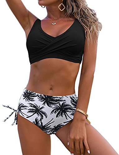 Costume da Bagno Donna Estate Spiaggia Bikini Sexy Stampa Morbida Costume da Bagno Taglie Forti, Palma Nera L