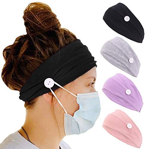 4 Pezzi Elastica Fasce Capelli a Bottone Donna Fascia Capelli con Bottoni, Turbante Cerchietti per Infermieri Medici Traspirante per Corsa Sport Viaggi Fitness