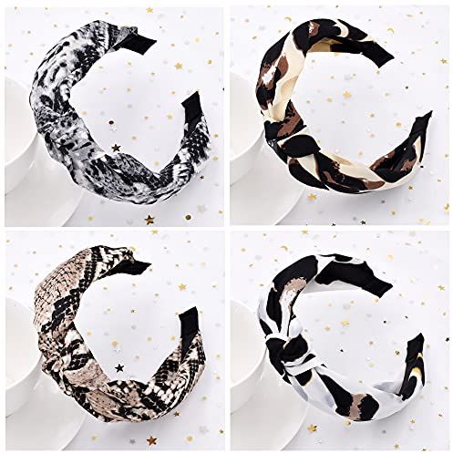 Cerchietto per capelli da donna, con stampa leopardo, 4 confezioni di fasce per capelli in tessuto misto Alice con nodo elastico, accessori per capelli per esterni (ArchSnack)