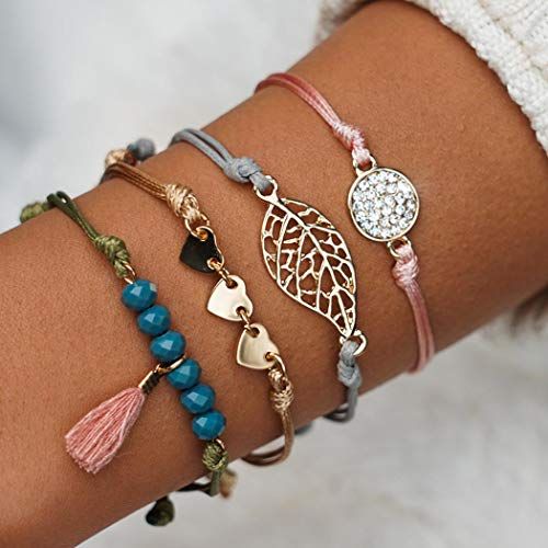 Boho Stratificato Cuore Bracciali Oro Foglia Multistrato Nappe Tallone Catena a mano Spiaggia Carta geografica Braccialetto Gioielleria per donne e ragazze (Confezione da 4)