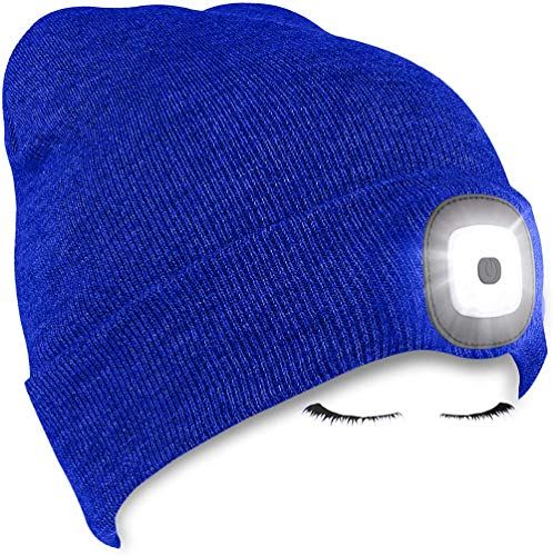 Cappello a Cuffia Illuminato a LED, Berretto per Lampada Frontale a 4 LED a Mani libere Ricaricabili USB, Cappelli da Notte Unisex in Maglia Invernale con Luce per Uomo, Donna/Blue