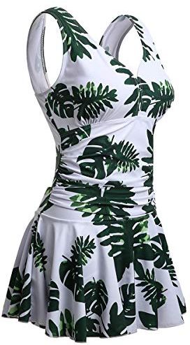 Costume da Bagno Interi Donna Vestito Costumi Mare con Stampa Taglie Forti Foglie Verde XXL