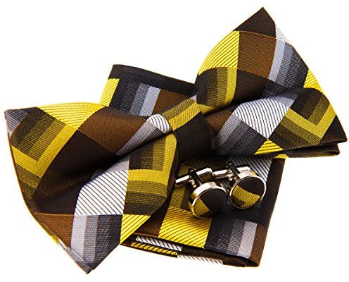 Vintage motivo geometrico tessuto pre-legato papillon (12,7 cm) w/Pocket Square & gemelli Set regalo Giallo Taglia unica