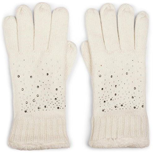 caldi guanti con strass e pile, guanti invernali in maglia, donna 09010010, colore:Crema-Bianco