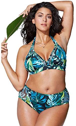 Donna Bikini a Vita Alta Imbottito Taglie Forti Costume da Bagno Due Pezzi Stampato Ricamo Nuoto Mare (4XL, Verde-1295)