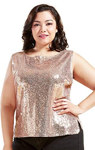 Canotta da donna con paillettes Plus Size senza maniche con glitter oro rosa. XL