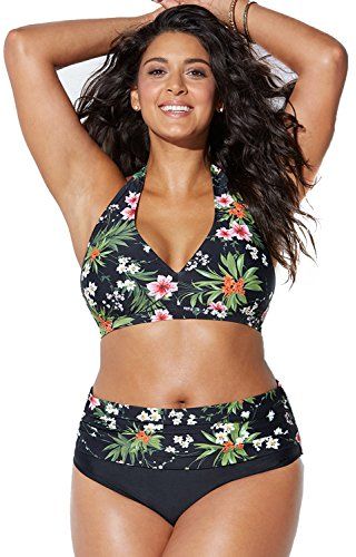 Donna Bikini a Vita Alta Imbottito Taglie Forti Costume da Bagno Due Pezzi Stampato Ricamo Nuoto Mare (2XL, 382-Verde)