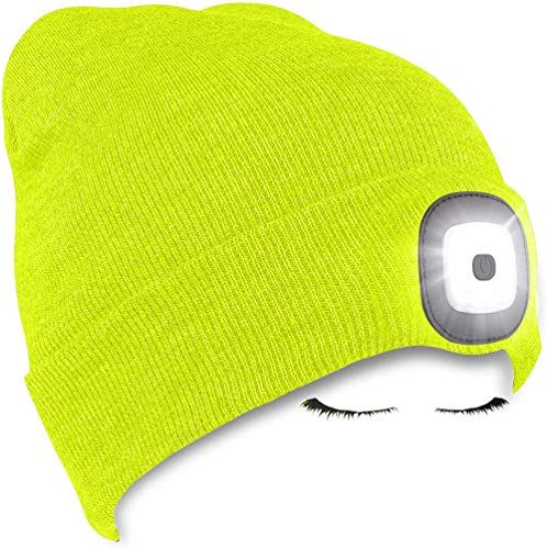 Cappello a cuffia illuminato a LED, berretto per lampada frontale a 4 LED a mani libere ricaricabili USB, cappelli da notte unisex in maglia invernale con luce per uomo, donna/Fluorescent Yellow